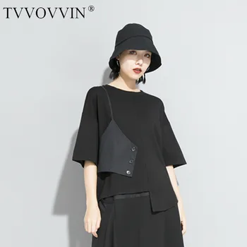 

Loose Women Black Asymmetrical Button Split Big Size T-shirt Round Neck Half Sleeve Fashion Tide Spring Summer 2020 PIB5