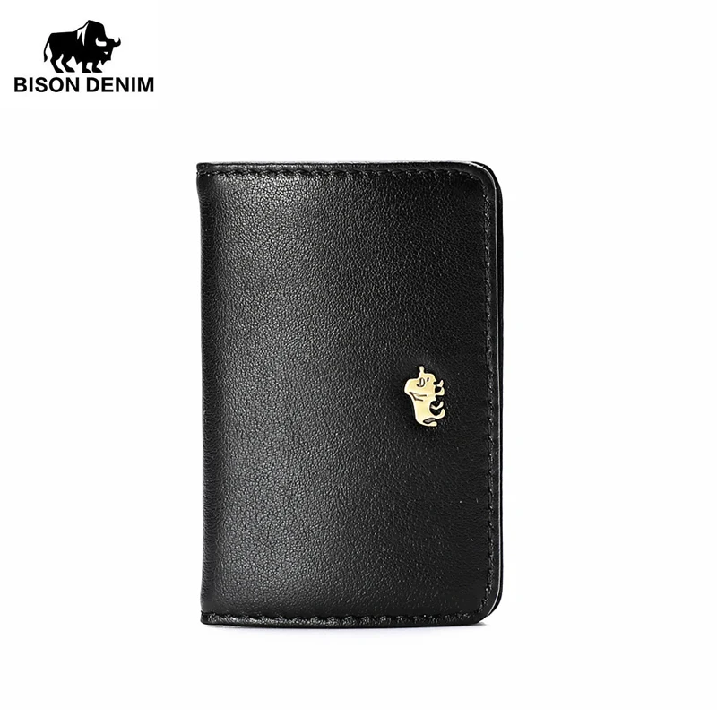 Черный BISON DENIM из натуральной кожи бизнес-держатель для карт ID карты Чехол кредитный держатель для карт Чехол кошелек из коровьей кожи W9504-1B - Цвет: Черный