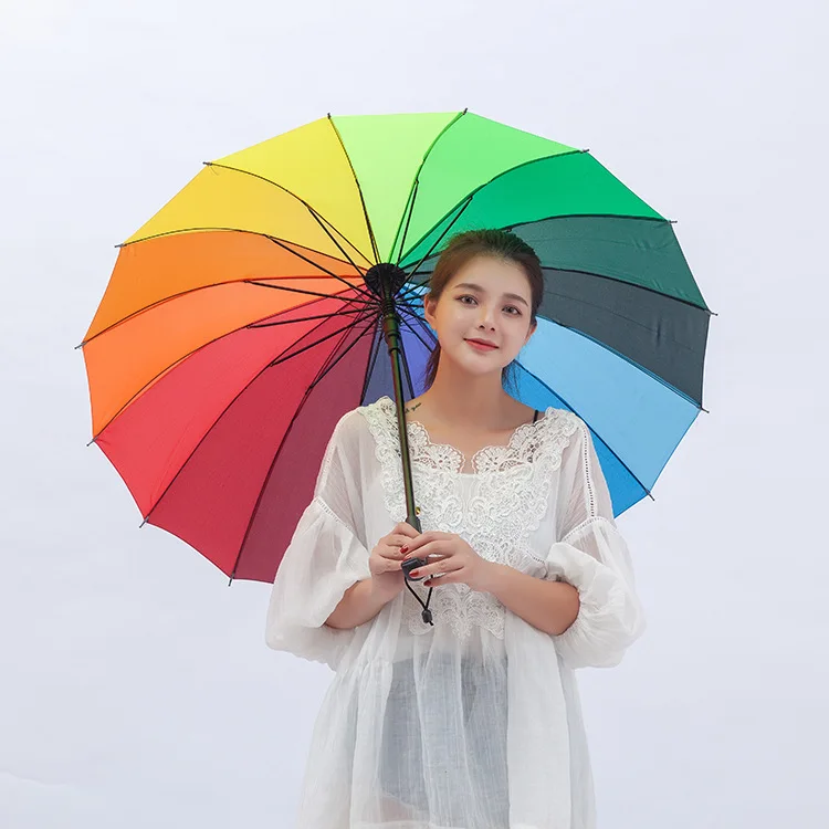 

16K South Korea Creative NC Fabric Rainbow Umbrella Long Handle Straight Pole Plain Color Automatic Umbrella Advertising Umbrell