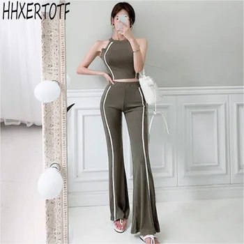 

2020 summer New two-piece suit Korean temperament Slim knitted casual tops +flared pants fashion two-piece set