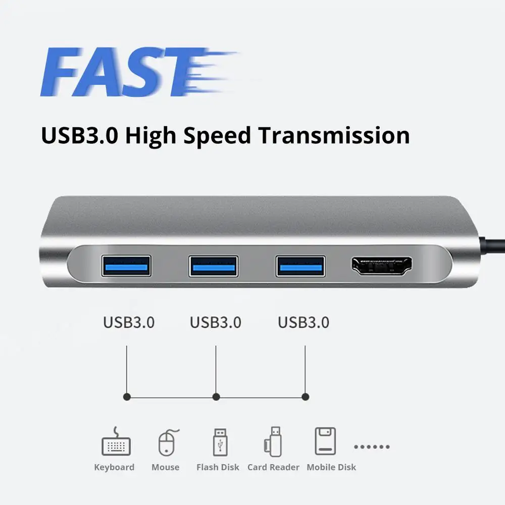Snowkids Type C Docking Station for Laptop Smart Phone 8 in 1 PD LAN HDMI USB3.0 SD TF Port Expansion Huawei MateBook 13