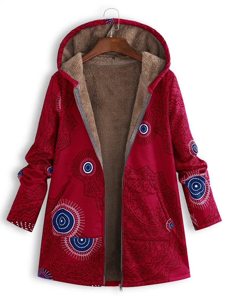 Женское пальто с принтом, зимнее теплое винтажное пальто с карманами, пальто с капюшоном, Женская Повседневная Верхняя одежда, флисовая куртка размера плюс