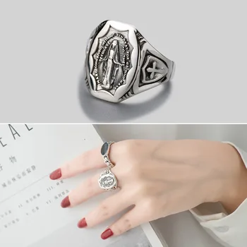 

Leouerry 925 Sterling Silver Emboss Virgin Mary Rings Simple Fashion Vintage Big Punk Open Rings for Women Fine Jewelry Gifts