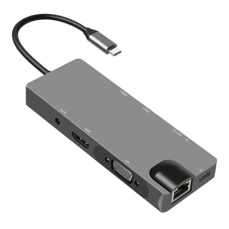 USB C на Hdmi VGA Ethernet адаптер Тип-c многофункциональный концентратор 4K HD usb-хаб 9 в 1 док-станции - Цвет: Серый