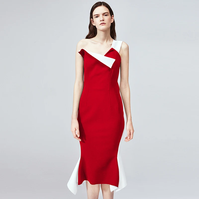 

2020 Summer Elegant One Shoulder Slim Dress Women One Shoulder Sleeveless Midi Knee-Length Runway High Quality Office Lady Dress