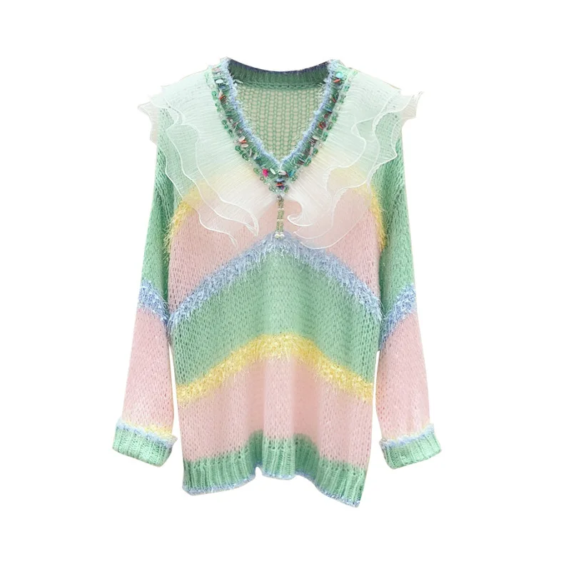 

2020 spring loose color matching sweater female doll collar beaded sequined gauze ruffled stitching V-neck sweater