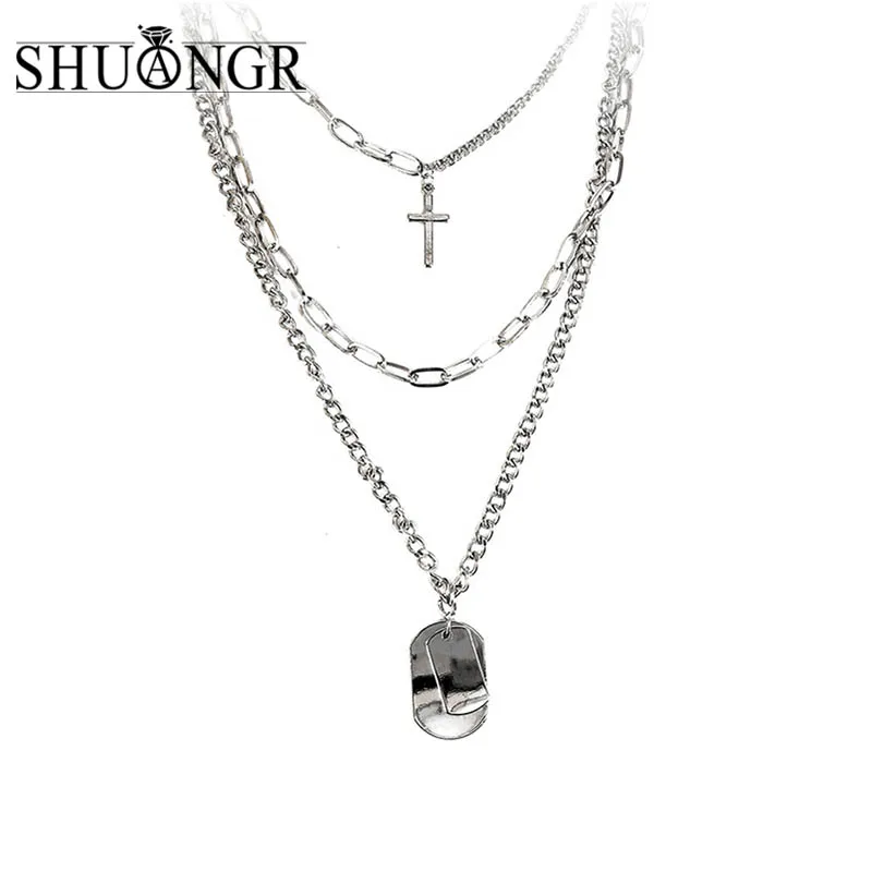 

SHUANGR Multilayers Punk Silver Chains Cross Necklace Couple Fashion Street Hip Hop Geometric Metal Pendant Necklaces for Women