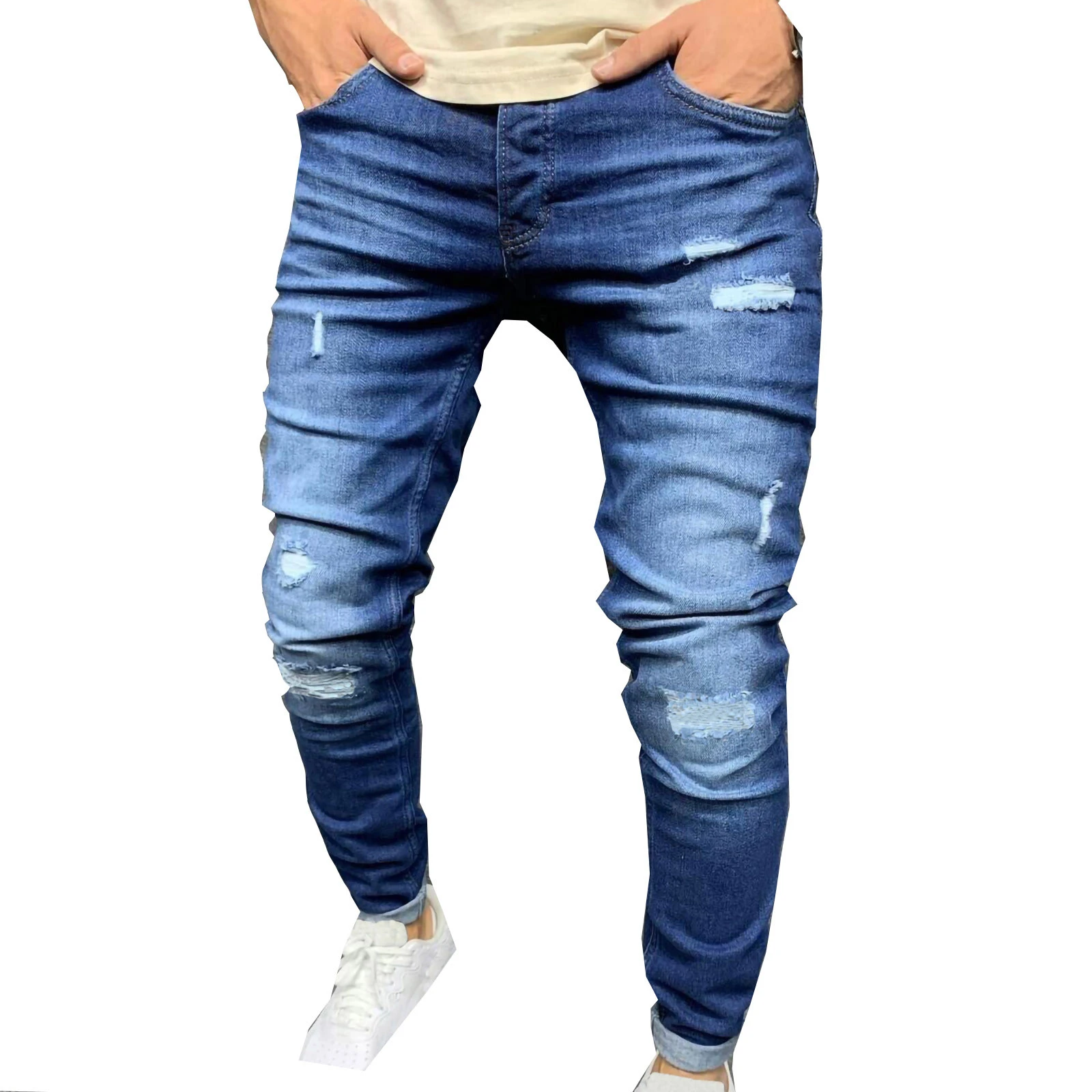 Pantalones vaqueros rasgados hombre, ajustados con cremallera motorista, deshilachados con agujeros, varios modelos|Pantalones vaqueros| AliExpress