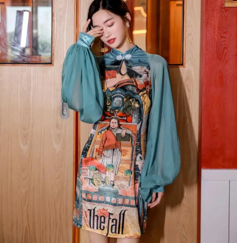 

2019 Autumn New Products Women's Print Lantern Sleeve Cheongsam Dress Design Slim Fit Medium Dress Vintage Elegant 50cs