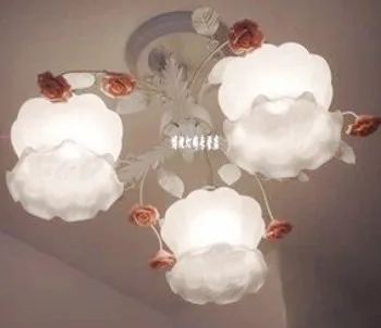 European-style garden living room Romantic Restaurants white wrought iron pink ceramic flowers glass lampshade Ceiling Lamp c133 | Лампы и
