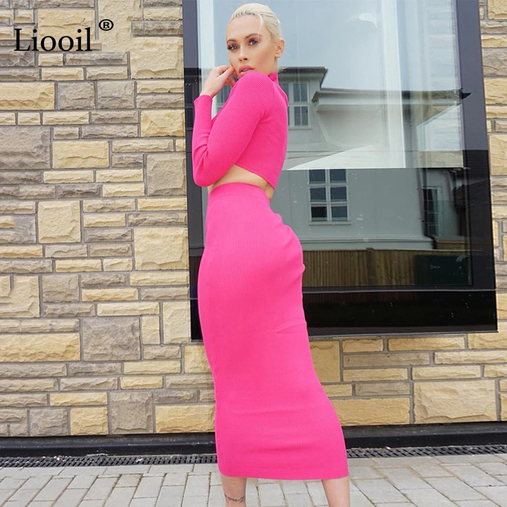 Liooil/оранжевый комплект из 2 предметов, сексуальное облегающее трикотажное Макси платье для женщин, осень, зима, длинный рукав, водолазка, вечерние, Клубные облегающие платья