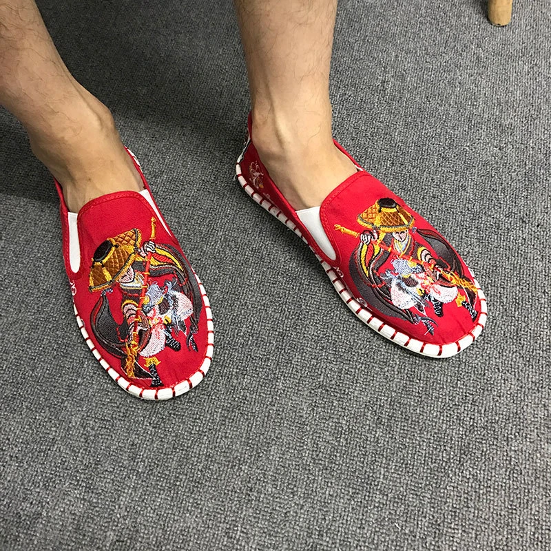 Red shouhuzhe Модные мужские вулканизированные туфли Harajuku Мужские эспадрильи Лоферы мужские туфли на плоской подошве мужские парусиновые с вышивкой мужские резиновый холст весна - Цвет: Red shouhuzhe