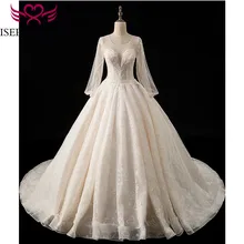 Кружевное свадебное платье с круглым вырезом и длинными рукавами, украшенное бисером, с открытой спиной, на шнуровке, свадебное платье, свадебное платье принцессы с длинным шлейфом, WX0021