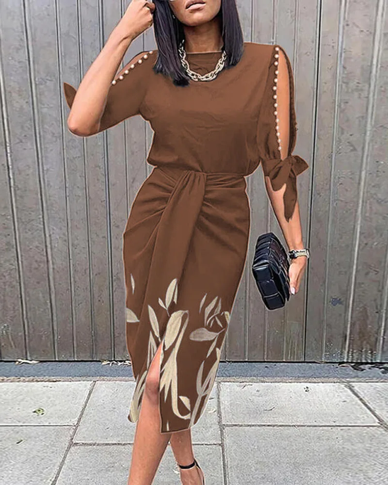 Autumn Women Leaf Print Pearls Decor Knotted Work Dress 2021 Femme Elegant Round Neck Midi Robe Lady Clothing traf Vestidos