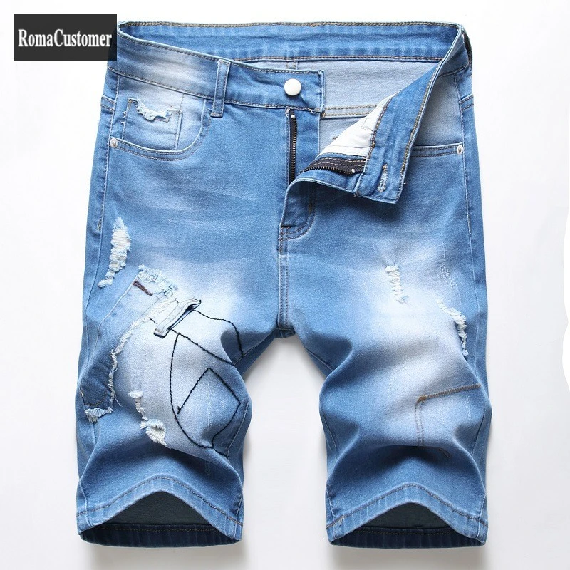 Summer New Blue Denim Shorts Mens Hole Pockets Straight Korean Vintage Large Size Casual Concise Knee Length Shorts 28-42 smart casual shorts