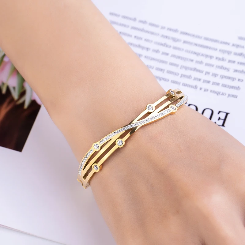 New Multi-Crystal Cross Hollow Out Side Opening Stainless Steel Bracelet For Woman Love Wedding Gift Bangle Jewelry