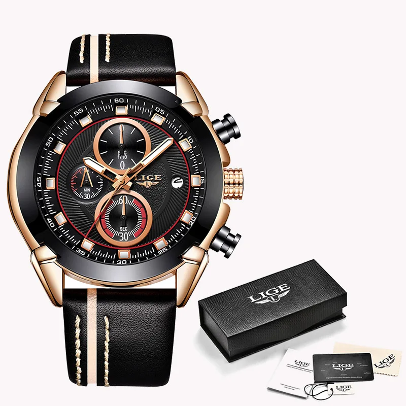 Rose Gold black LIGE, мужские часы, модные, автоматические, механические, турбийон, кожа, роскошный бренд, спортивные, водонепроницаемые, мужские часы, s Relogio Masculino - Цвет: Rose Gold black