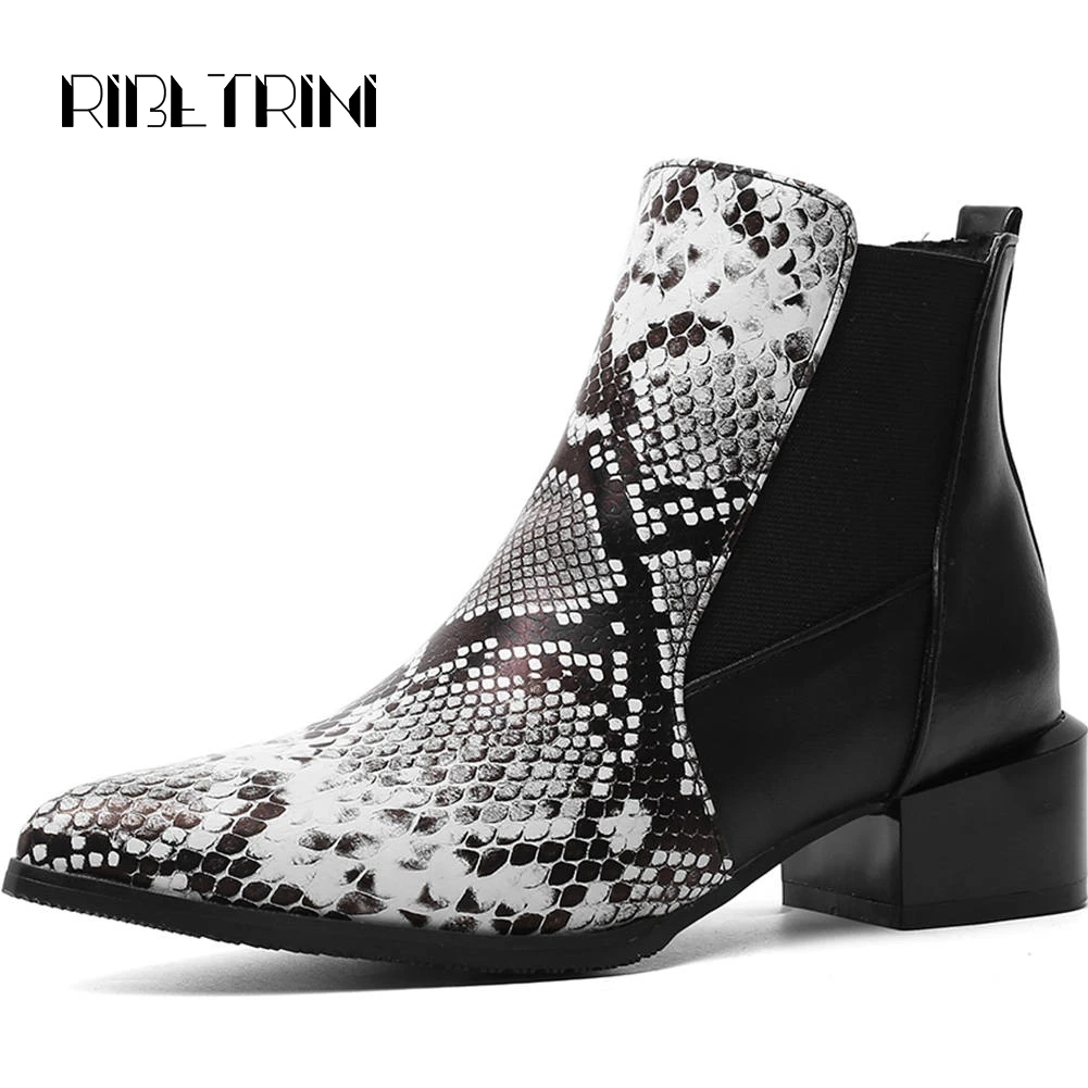 

RIBETRINI Big Size 33-47 Boots Women 2019 Snakeskin Print Chunky Heel Pointed Toe Shoes Woman Chelsea Style Short Ankle Boots