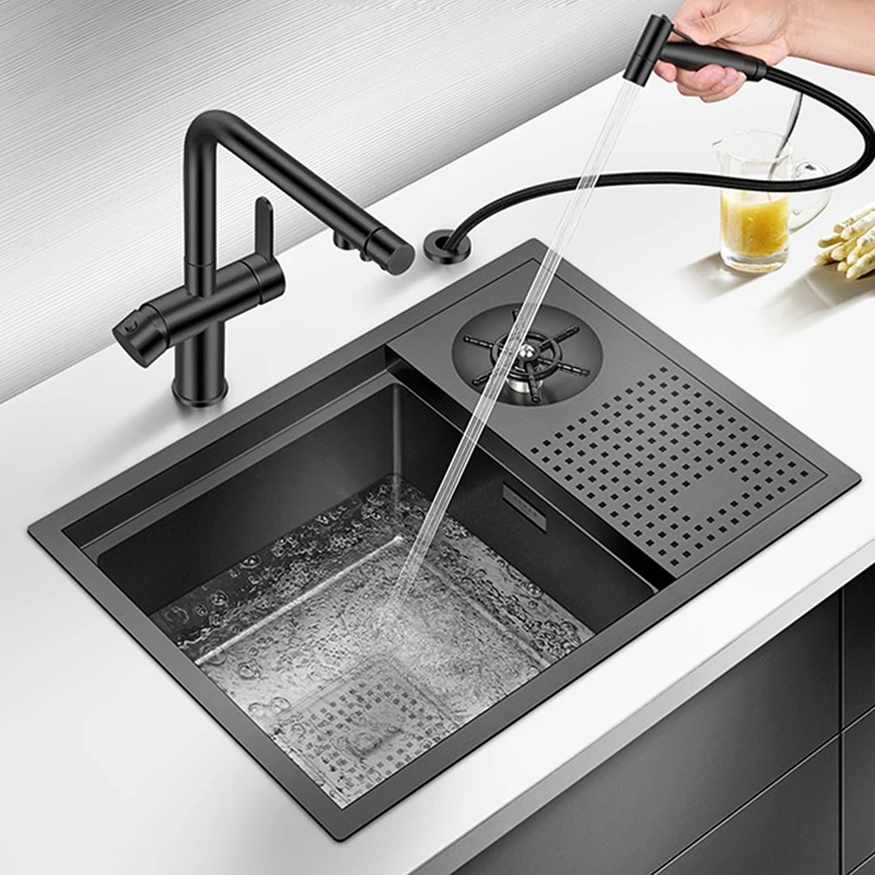 Nanometer Black Cup Rinser Hidden kitchen Sink 304 Stainless Steel 4mm Thickness Handmade Sink High Pressure Cup Washer Sinks