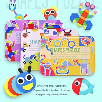 

Wooden Puzzle Baby Toys Jigsaw Creative Building Blocks Cute Tangram Iron Box for Household Child Educational Playing