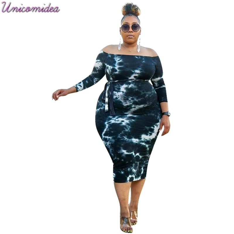 

Plus Size Tie Dye Dress Women 2019 Summer Casual Long Dress Large Big Size Slash-Neck Long Sleeve Holiday Boho Party Midi Dress