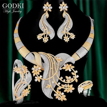 

GODKI 4PCS BIG Flower Leaf Luxury Women Nigerian Wedding Naija Bride Cubic Zirconia Necklace Dubai Bridal Dress Jewelry Set 2020
