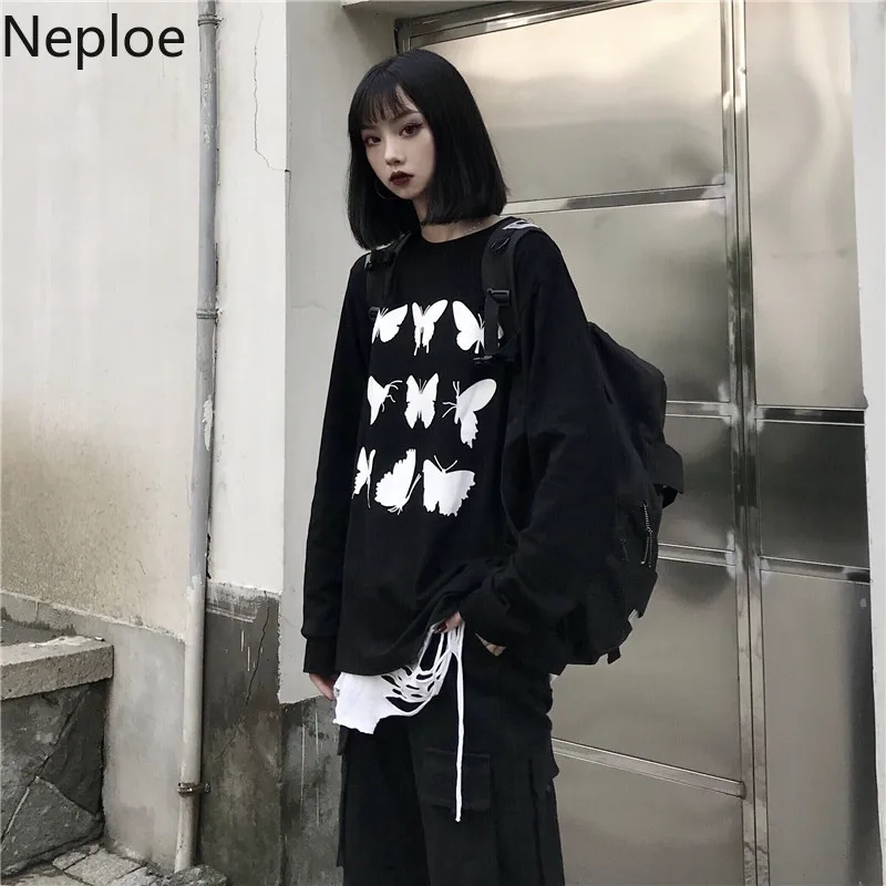 Neploe Ins Harajuku стиль уличная одежда для влюбленных унисекс футболки с круглым вырезом и принтом бабочки футболка с длинным рукавом низ Свободный Повседневный женский топ