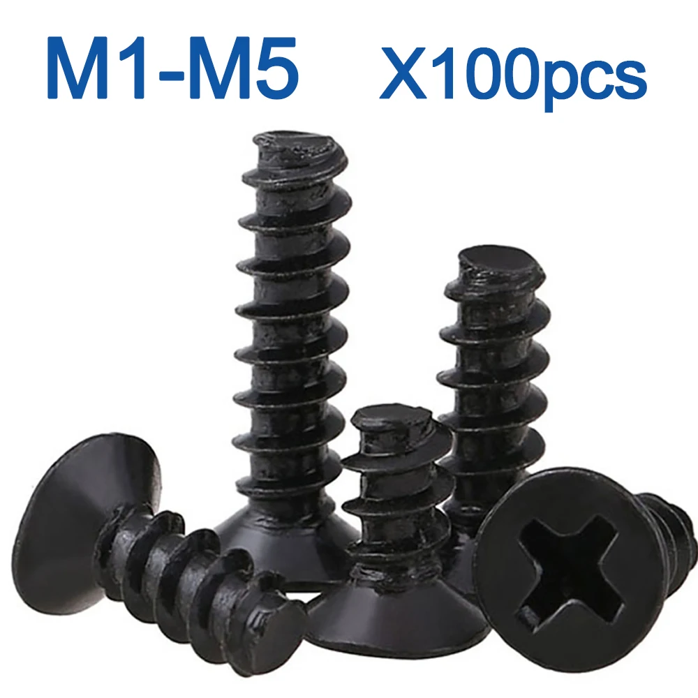 100pcs/lot Cross Recessed Countersunk Head Self-tapping Screw M1 M1.2 M2 M2.3 M2.6 M3 M4 M5 Black Carbon Steel Mini Screw