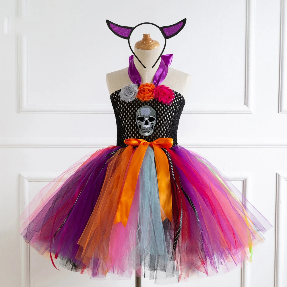 POSH DREAM Harley Quinn Girls Tutu Dress with Headband and Mask Joker Fancy Children Halloween Birthday Costume Kids Party Photo