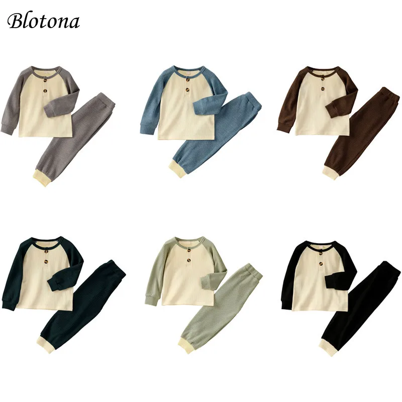 

Blotona Children Casual Contrast Color 2Pcs Clothes Set, Spring Fall Long Sleeve O-neck T-shirt + Elastic Waist Trousers, 1-6Y