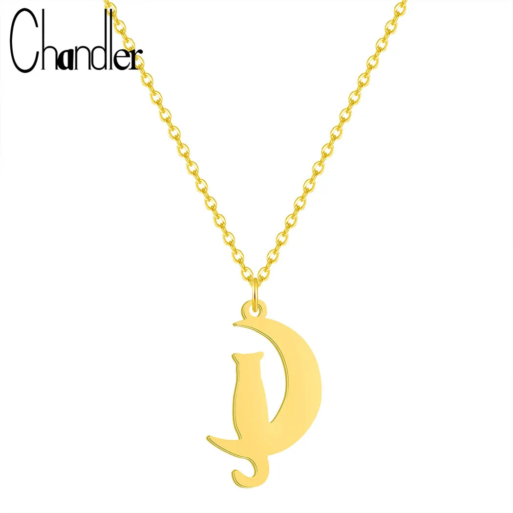 Chandler Boho Cool Stainless Steel Cat Moon Necklace Cute Lovely Animal Pendant Slim Chain Choker Pet Lover Memory Trendy Colier