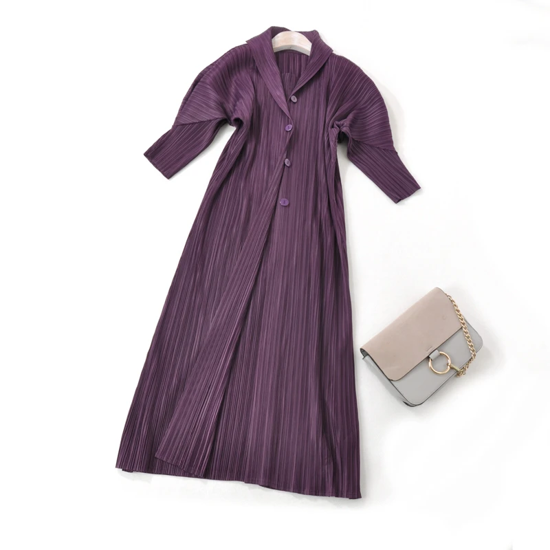 HOT SELLING Miyake High-end fashion puff three quarter solid turn-downcollar Button Fake two pieces dress IN STOCK