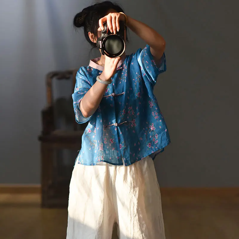 Women Loose Ramie Printed Shirts Tops Ladies Vintage Print Ramie Blouse Female Ramie Tops Shirt 2020 Summer 3