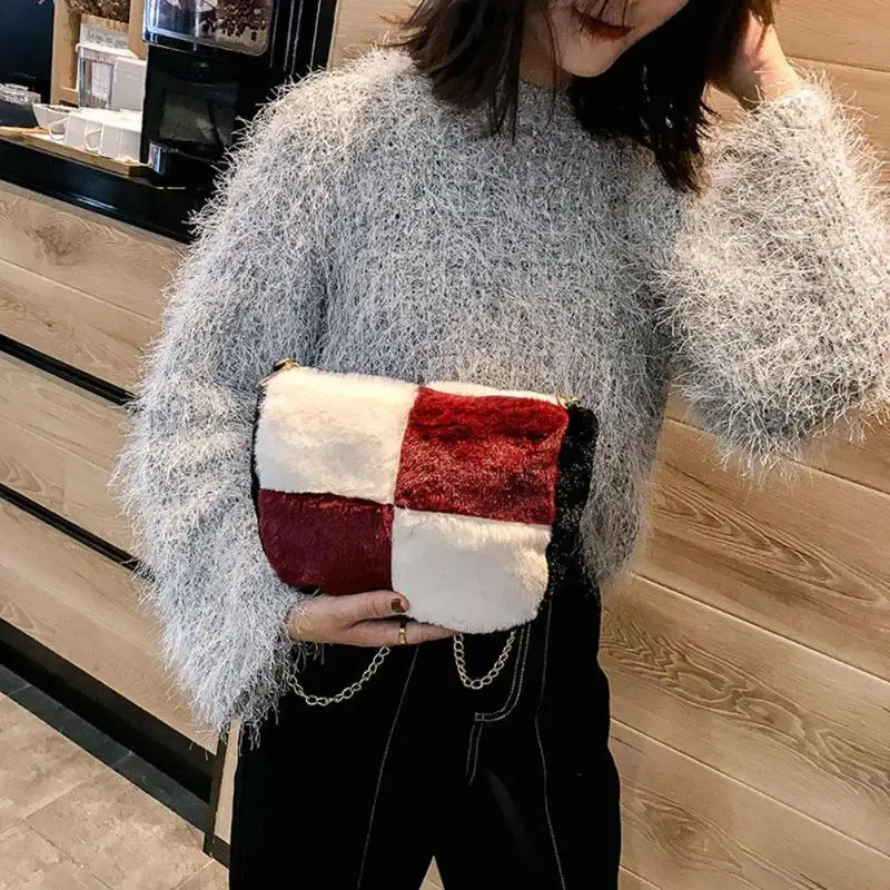 

Hot Sale Handbags Not Easy to Damage Splicing Color Small Crossbody Bag Women Plush Chain Wallet Shoulder Handbags Shopping