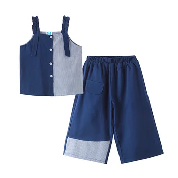 

Summer Girls Clothing Sets New 2020 Baby Girls Patchwork Outfits Colorblock Button Tops Loose Pant 2Pcs Children Clothes Suits