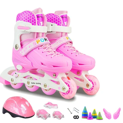 Pink Set M EUR 35-38 New Teenagers Children Inline Skate Roller Skating Shoes Helmet Knee Protector Gear Adjustable Flashing PU Wheels Pink Blue - Цвет: Pink Set M EUR 35-38