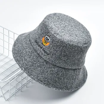 

New Embroidered Fisherman Hat Lady Autumn Winter Fashion Animal Letters Japanese Basin Caps Womens Shade Warm Travel Woolen Hats