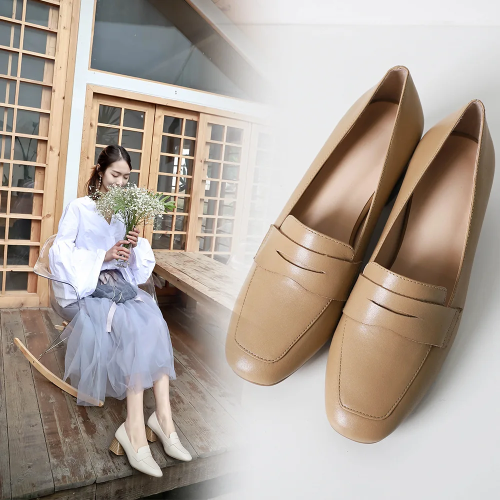 

2019 Spring New Style Full-grain Leather Square Head Rubber Sole Classic Style Low Heel Flat British-Style Shoes Women's