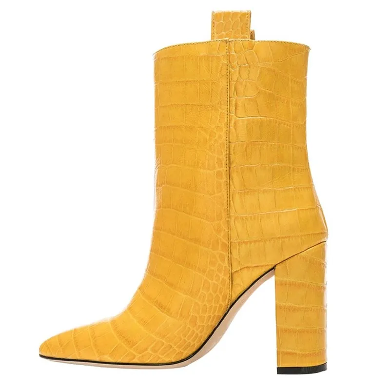 

US4-11 Womens Pointed Toe Crocodile Pattern Ankle Boots Chelsea Block High Heel Genuine Leather Pull On Shoes 4Colors Plus Size