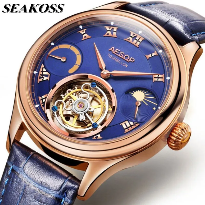 

Top Brand Mens Original Real Tourbillon Watch Multi-function Dual Time Zone Moon phase Luminous Man Mechanical watches Business
