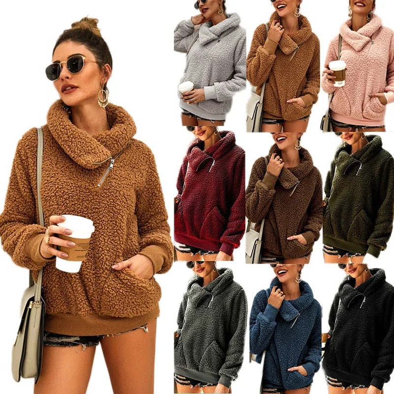 

Thick Hoodies Solid Color Zipper Long Sleeves Pullover Big Pactets Turn Down Collar Women Autumn Winter Soft Warm Jumper
