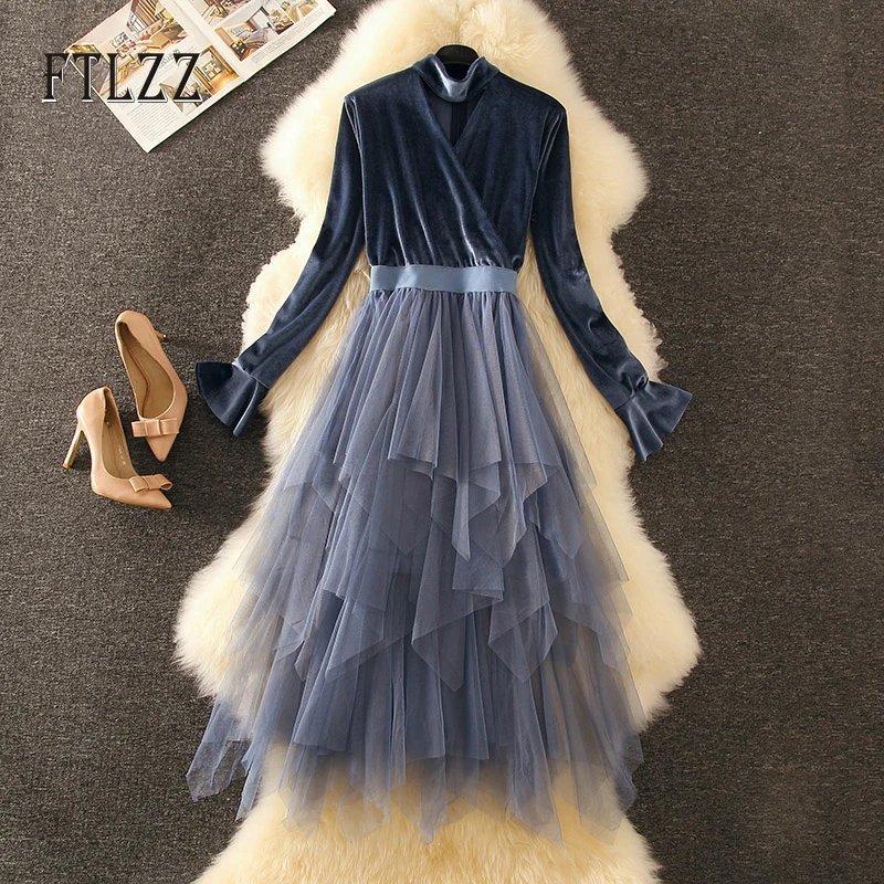 2019 женское модное бархатное лоскутное Сетчатое платье Vestidos новые