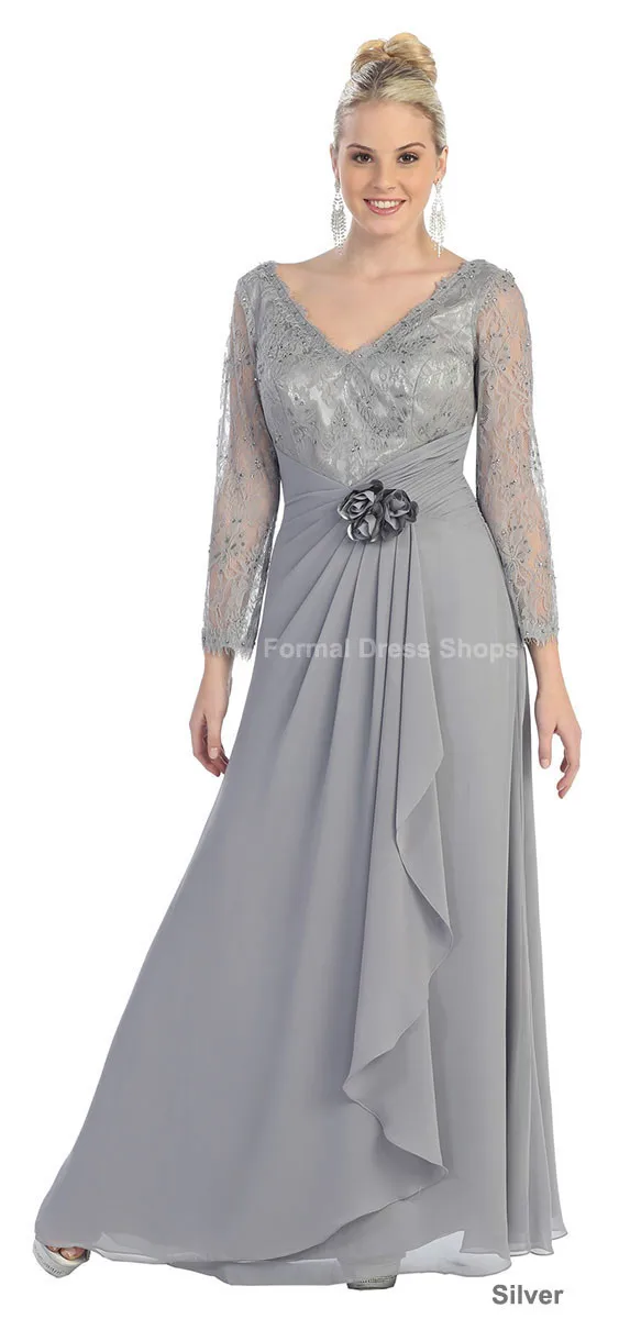vestido de noiva размера плюс винтажный цветок для свадьбы три четверти рукав кружева мать невесты платья - Цвет: Серебристый