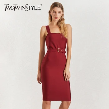 

TWOTWINSTYLE Silm Elegant The Dress Women Square Collar High Waist Sashes Solid Evening Party Summer Dresses Female 2020 Fashion