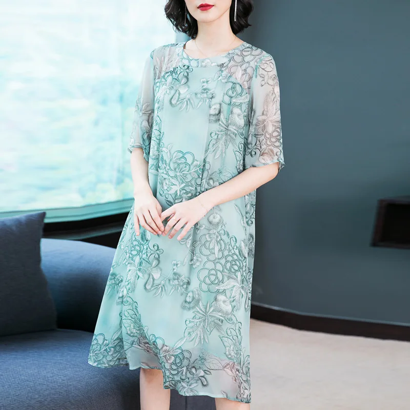 

Spring Clothing Loose-Fit Printed Large Size Mulberry Silk Faux Silk Dress Women's Mid-length 2019 New Style Skirt Fresh Floral-