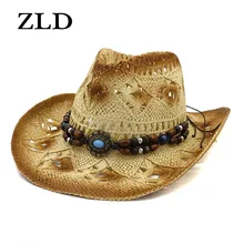 ZLD винтажные женщины, мужчины, ажурные, краски, деним, Западная летняя солома, шляпа от солнца, бирюза, кулон, деревянный Размер бусин 58 см