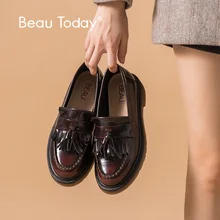 BeauToday/лоферы с бахромой; женская лакированная телячья кожа с круглым носком и кисточками; Брендовая женская обувь без шнуровки на плоской подошве; ручная работа; 27701