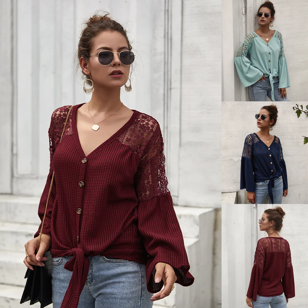 

2019 Women's Hollow Long Sleeve Knitted Cardigan Solid Color Button Sweater V-Neck Lace up Tops Fashion Female Coats Outerwear
