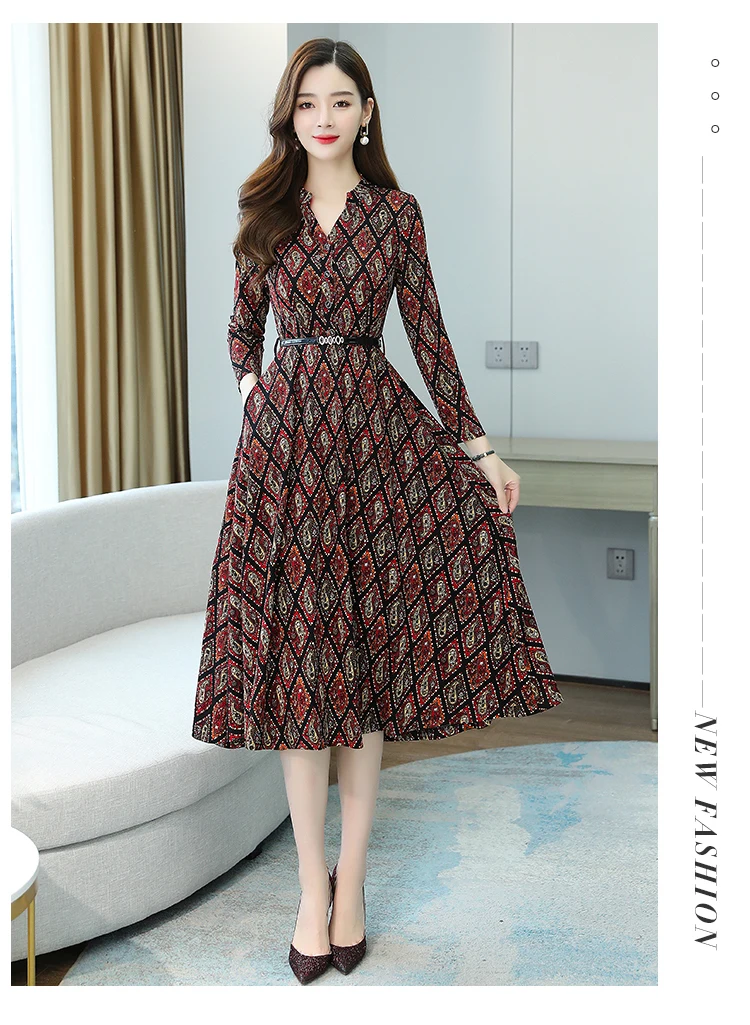 Plus Size Autumn Winter Long Sleeve Dresses 2020 Vintage Print Boho Casual Midi Dress Elegant Women Bodycon Party Maxi Vestidos