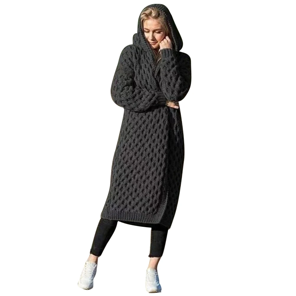 Charcoal Grey Путешествия мешковатые покупки вязаный теплый зимний Gridding с длинным рукавом Повседневные уличные свидания по колено женский свитер с капюшоном однотонный - Цвет: Charcoal Grey
